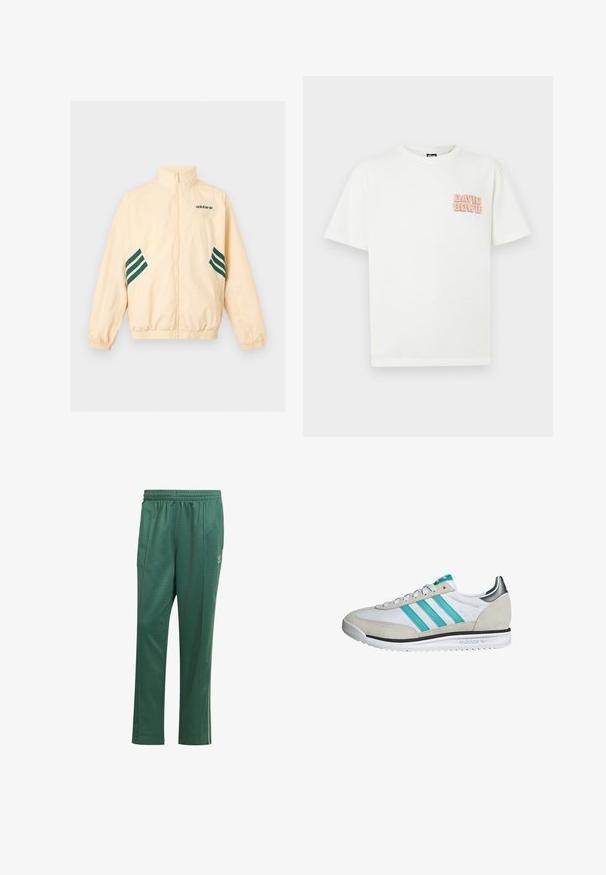 Lyse beige Adidas træningsjakke med høj krave, fuld frontlynlås, elastiske manchetter og kant samt mørkegrønt Adidas-logo og striber på siderne.; Hvid kortærmet t-shirt med teksten "David Bowie" i pink og orange på venstre brystområde.; Grønne atletiske bukser lavet af glat stof, med elastisk talje, sidesømme og en lille logo-detalje på venstre ben.; Hvide og beige Adidas SL 72 sneakers med teal-striber, hvide snørrebånd, sort mellemsål-stribe og metal-sølv hældetalje.
