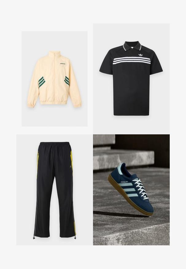 Lyse beige Adidas træningsjakke med høj krave, fuld frontlynlås, elastiske manchetter og kant samt mørkegrønt Adidas-logo og striber på siderne.; Sort polo med lynlåskrage, der har tre hvide horisontale striber tværs over brystet og et lille logo øverst til venstre.; Sorte træningsbukser med gule sideaccenter, elastisk talje og lynlåslommer på siden. Fremstillet af let og glat stof.; Blå Adidas Spezial sneaker med hvide striber og snørebånd, gummisål, svævende over en ru betongoverflade og trin i baggrunden.