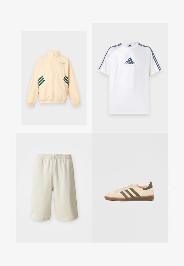Svetlo béžová Adidas tréningová bunda s vysokým golierom, celopredným zipsom, elastickými manžetami a spodným lemom, s tmavozeleným logom Adidas a pruhmi na bokoch.; Biele tričko Adidas s modrými akcentmi, krátkymi rukávmi a okrúhlym výstrihom. Na prednej strane je modré logo Adidas a na ramenách tri pruhy.; Svetlo béžové športové šortky s elastickým pásom, hladkou textúrou a jemným logom na dolnej ľavej strane. Bez vreciek.; Nízky béžový tenisky Adidas Spezial so zelenými pruhmi, gumovou podrážkou a nápisom „SPEZIAL“ na boku, zobrazené z vonkajšej strany.