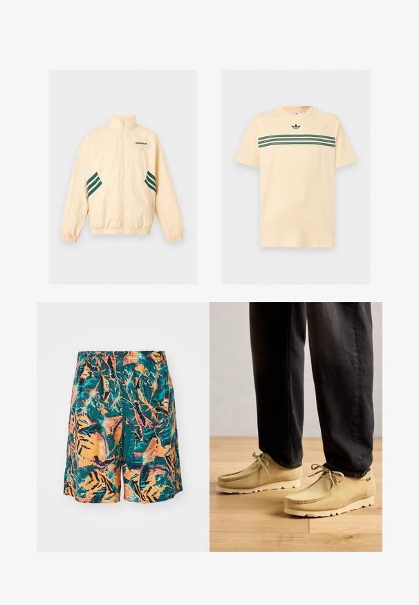 Veste de survêtement Adidas beige clair avec col montant, fermeture éclair intégrale à l'avant, poignets et ourlet élastiques, et logo Adidas ainsi que des bandes vert foncé sur les côtés.; T-shirt beige clair à manches courtes avec trois bandes horizontales vert foncé sur la poitrine et un petit logo Adidas trèfle au-dessus des bandes.; Shorts de bain avec un motif de feuilles de jungle orange, turquoise et noir, fabriqués à partir d'un tissu léger avec une taille élastique pour plus de confort.; Des chaussures en suède beige à lacets portées avec un pantalon noir sur un sol en bois, montrant un style décontracté et confortable.