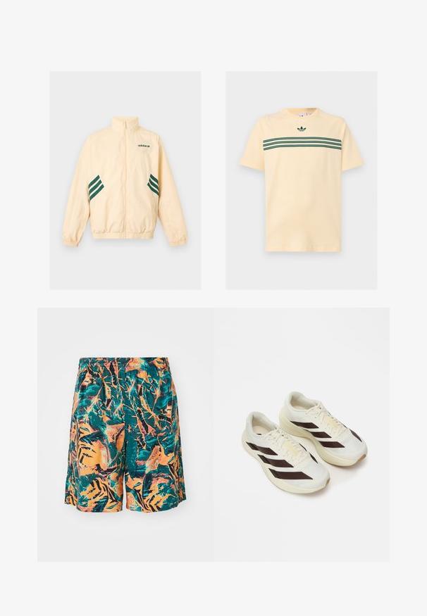 Lichtbeige Adidas trainingsjack met hoge kraag, volledige rits aan de voorkant, elastische boorden en zoom, en donkergroene Adidas-logo en strepen aan de zijkanten.; Licht beige T-shirt met korte mouwen met donker groene horizontale driedubbele strepen over de borst en een klein Adidas trefoil-logo boven de strepen.; Zwemshorts met een oranje, teal en zwart junglebladpatroon, gemaakt van lichte stof met een elastische tailleband voor comfort.; Lichtgekleurde hardloopschoenen met donkerbruin diagonale strepen, een gestructureerde mesh bovenzijde en een geveerde zool. Bevat gele "ADIZERO" branding.