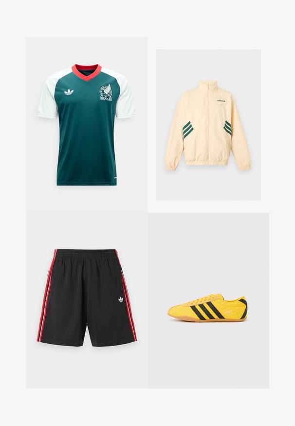 Φωτεινό μπεζ αθλητικό μπουφάν Adidas με ψηλό γιακά, φερμουάρ εμπρός, ελαστικές μανσέτες και τελείωμα, και σκούρο πράσινο λογότυπο Adidas και ρίγες στα πλάγια.; Πράσινη φανέλα ποδοσφαίρου με λευκά μανίκια, κόκκινο V-λαιμόκοψη, λογότυπο Adidas στο αριστερό στήθος και έμβλημα της ομάδας του Μεξικού στο δεξί στήθος.; Μαύρο αθλητικό σορτς με ελαστική μέση, κόκκινες και λευκές ριγες στα πλάγια, δύο πλαϊνές τσέπες και λευκό λογότυπο Adidas trefoil στο αριστερό πόδι.; Κίτρινο αθλητικό παπούτσι με υφή στο επάνω μέρος, με μαύρες ρίγες και λογότυπο. Στρογγυλεμένη μύτη, μαλακή σόλα και ζιγκ-ζαγκ σχέδιο στο υλικό.