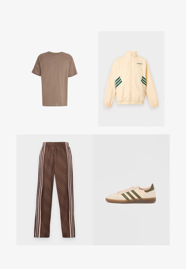Hellbeige Adidas Trainingsjacke mit hohem Kragen, durchgehendem Frontreißverschluss, elastischen Bündchen und Saum sowie dunkelgrünem Adidas-Logo und Streifen an den Seiten.; adidas Originals TEE - T-Shirt basic - earth strata; Braune Jogginghose mit hellrosa vertikalen Streifen an den Seiten und einem sich wiederholenden Blattmuster überall, elastischer Bund, gerade Beinform.; Flacher, beigefarbener Adidas Spezial Sneaker mit grünen Streifen, Gummisohle und "SPEZIAL" Schriftzug an der Seite, von der Außenseite gezeigt.