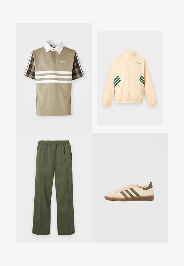 Heledat beeži värvi Adidas dressijakk kõrge kraega, täieliku eesmise luku, elastsete mansettide ja äärega ning tumerohelise Adidas logo ja triipudega külgedel.; Olive rohelises polo särk, millel on valged triibud ja lühi varrukatel ruuduline muster. Omab valget kraed ja logo rinnal.; Rohelised, kergekaalulised, laiade sääreosadega püksid, millel on elastne vöökoht ja küljetaskud. Sile tekstuur ja lõdvestunud lõige, mugavaks kandmiseks.; Madalprofiilne beež Adidas Spezial toss rohelist värvi triipude, kummist tallaga ja "SPEZIAL" brändinguga küljel, nähtav välisküljelt.