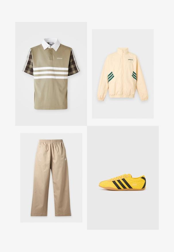 Lyse beige Adidas træningsjakke med høj krave, fuld frontlynlås, elastiske manchetter og kant samt mørkegrønt Adidas-logo og striber på siderne.; Polo skjorte i olivengrøn med hvide striber og et ternet mønster på de korte ærmer. Har en hvid krave og logo på brystet.; Beige bukser med vide ben og elastisk linning samt lille hvid Adidas-logo på øverste venstre lår, vist mod en ensfarvet baggrund.; Gul atletiksko med en tekstureret overdel, der har sorte striber og logo. Rundt tå, blød sål og zigzag-mønster på materialet.