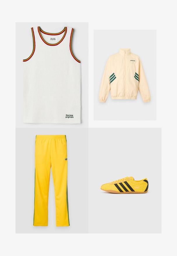 Hellbeige Adidas Trainingsjacke mit hohem Kragen, durchgehendem Frontreißverschluss, elastischen Bündchen und Saum sowie dunkelgrünem Adidas-Logo und Streifen an den Seiten.; Weißes Tanktop mit einer strukturierten, gerippten Musterung. Abgerundet mit grünen, roten und gelben Akzenten. Das Etikett trägt die Aufschrift "the new originals" in grün.; Gelbe Sporthose mit elastischem Bund, grünen Seitenstreifen und einem kleinen blauen Logo am linken Oberschenkel. Glatte Stoffstruktur.; Gelber Sportschuh mit strukturiertem Obermaterial, verziert mit schwarzen Streifen und Logo. Abgerundete Spitze, weiche Sohle und Zickzackmuster auf dem Material.
