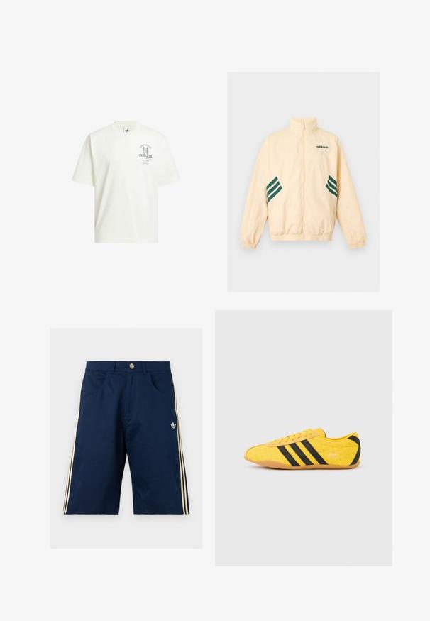 Svetlo béžová Adidas tréningová bunda s vysokým golierom, celopredným zipsom, elastickými manžetami a spodným lemom, s tmavozeleným logom Adidas a pruhmi na bokoch.; Biela bavlnená tričko s okrúhlym výstrihom, krátkymi rukávmi a grafickou potlačou s nápismi "Adidas" a "Los Angeles" v zelenej farbe.; Tmavomodré šortky Adidas s béžovými troma pruhmi na bokoch, prednými vreckami, zapínaním na gombík a logom Adidas trefoil na pravej nohe.; Žltá športová obuv s textúrovaným zvrškom, s čiernymi pruhmi a logom. Zaoblená špička, mäkká podrážka a vzor v tvare cik-cak na materiáli.