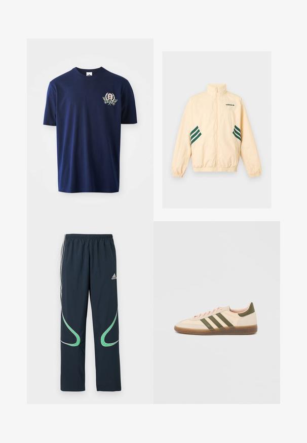 Heledat beeži värvi Adidas dressijakk kõrge kraega, täieliku eesmise luku, elastsete mansettide ja äärega ning tumerohelise Adidas logo ja triipudega külgedel.; Tumesinine puuvillane t-särk lühikeste varrukatega, ümar kaelus ja tikandlogo, millel on loorberivõrsed vasakul rinnal.; Tumed värvilised spordihapad, mis on valmistatud kerge kangaga, külgedel valged triibud ja rohelised käänakud. Elastne vöökoht mugavuseks.; Madalprofiilne beež Adidas Spezial toss rohelist värvi triipude, kummist tallaga ja "SPEZIAL" brändinguga küljel, nähtav välisküljelt.