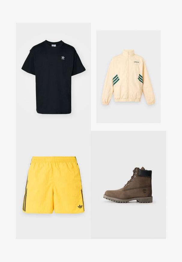 Heledat beeži värvi Adidas dressijakk kõrge kraega, täieliku eesmise luku, elastsete mansettide ja äärega ning tumerohelise Adidas logo ja triipudega külgedel.; Must musta T-särk lühikeste varrukatega ja ümmarguse kaelusega, mille vasakul rinnal on väike valge Adidas logo.; Erkhel kleepuv kollased Adidas ujumispüksid elastse vöörihmaga, mustade küljeribadega, küljetaskutega ja musta Adidas trefoil-logoga vasakul jalal.; Pruun nahast pahkluu saabas musta kaelusega, metallist silmadega ja robustse halli tallaga. Küljes on logo jaõmblustähed.