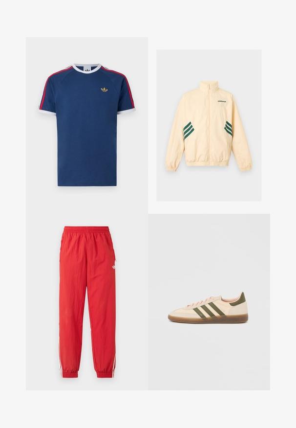 Φωτεινό μπεζ αθλητικό μπουφάν Adidas με ψηλό γιακά, φερμουάρ εμπρός, ελαστικές μανσέτες και τελείωμα, και σκούρο πράσινο λογότυπο Adidas και ρίγες στα πλάγια.; Μπλε ναυτικό μπλουζάκι από μαλακό βαμβάκι, με λευκές και κόκκινες ρίγες στα μανίκια, στρογγυλή λαιμόκοψη και μικρό χρυσό λογότυπο στο στήθος.; Κόκκινο αθλητικό παντελόνι από ελαφρύ υλικό, με ελαστική μέση, λευκές πλευρικές ρίγες και μικρό λογότυπο στο πάνω μέρος του ποδιού.; Χαμηλού προφίλ μπεζ αθλητικό παπούτσι Adidas Spezial με πράσινες ρίγες, σόλα από καουτσούκ και την επωνυμία "SPEZIAL" στην πλευρά, εμφανίζεται από την εξωτερική πλευρά.