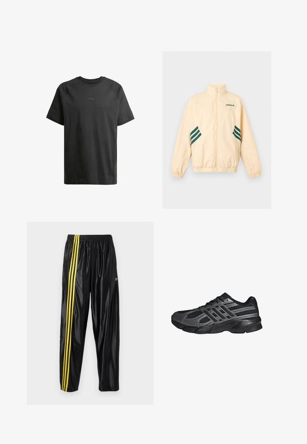 Svetlo béžová Adidas tréningová bunda s vysokým golierom, celopredným zipsom, elastickými manžetami a spodným lemom, s tmavozeleným logom Adidas a pruhmi na bokoch.; Čierne bavlnené tričko s krátkymi raglánovými rukávmi, s jemne embosovaným logom na hrudi a hladkou textúrou po celom povrchu.; Čierne športové nohavice vyrobené z lesklého materiálu s elastickým pásom, s dvoma žltými pruhmi po stranách a malým logom.; Čierne športové topánky vyrobené z pletiva a syntetických materiálov, s textúrovaným povrchom, viacerými šedými pruhmi a polstrovaným golierom.