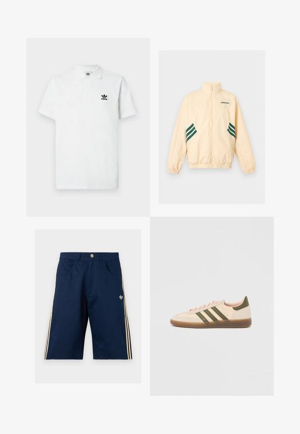 Φωτεινό μπεζ αθλητικό μπουφάν Adidas με ψηλό γιακά, φερμουάρ εμπρός, ελαστικές μανσέτες και τελείωμα, και σκούρο πράσινο λογότυπο Adidas και ρίγες στα πλάγια.; Λευκό βαμβακερό πόλο με κλασικό γιακά, τριπλό κουμπί στο εμπρόσθιο μέρος και μαύρο κεντημένο λογότυπο Adidas στο αριστερό στήθος. Κοντά μανίκια.; Σκούρο μπλε σορτς Adidas με μπεζ τρεις ρίγες στα πλάγια, μπροστινές τσέπες, κούμπωμα με κουμπί και λογότυπο Adidas trefoil στο δεξί πόδι.; Χαμηλού προφίλ μπεζ αθλητικό παπούτσι Adidas Spezial με πράσινες ρίγες, σόλα από καουτσούκ και την επωνυμία "SPEZIAL" στην πλευρά, εμφανίζεται από την εξωτερική πλευρά.
