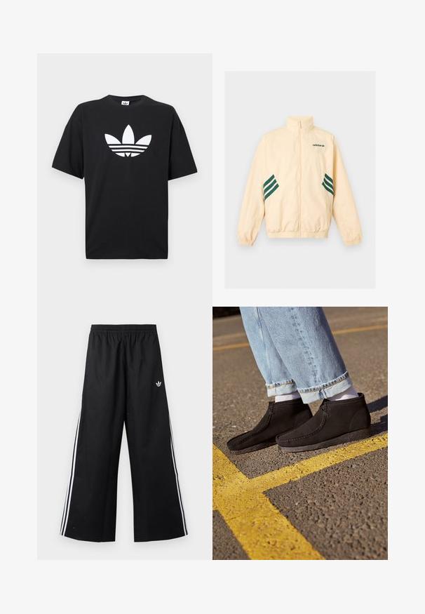Lyse beige Adidas træningsjakke med høj krave, fuld frontlynlås, elastiske manchetter og kant samt mørkegrønt Adidas-logo og striber på siderne.; Sort bomulds T-shirt med korte ærmer, der har et stort hvidt Adidas-logo og tre vandrette striber i bunden. Klassisk rund halsdesign.; Svarte vidde træningsbukser med elastisk talje, hvide sidelommer og lille Adidas trefoil-logo på højre hofte.; Sorte suede ankelstøvler med en glat overflade, buet tå og syede detaljer. Kombination med lyseblå buksere jeans med opfoldede manchetter og hvide sokker.