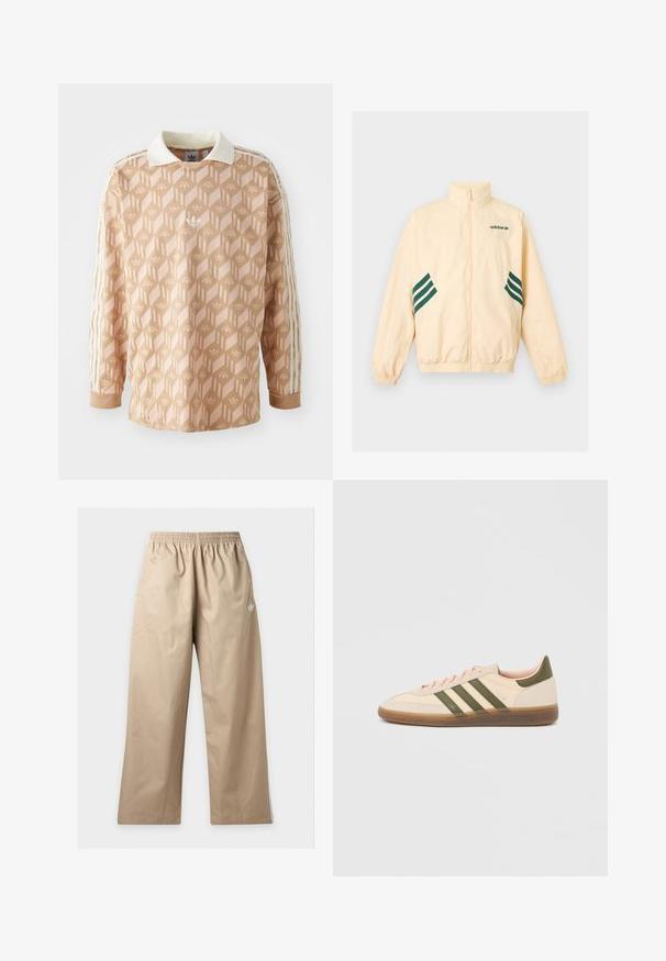 Svetlo béžová Adidas tréningová bunda s vysokým golierom, celopredným zipsom, elastickými manžetami a spodným lemom, s tmavozeleným logom Adidas a pruhmi na bokoch.; Dlhý rukáv košele v svetlo broskyňovej farbe s geometrickým vzorom. Obsahuje biely golier a tri krémové pruhy na každom rukáve.; Béžové nohavice širokých nohavíc s elastickým pásom a malým bielym logom Adidas na hornej ľavej stehne, zobrazené na jednofarebnom pozadí.; Nízky béžový tenisky Adidas Spezial so zelenými pruhmi, gumovou podrážkou a nápisom „SPEZIAL“ na boku, zobrazené z vonkajšej strany.
