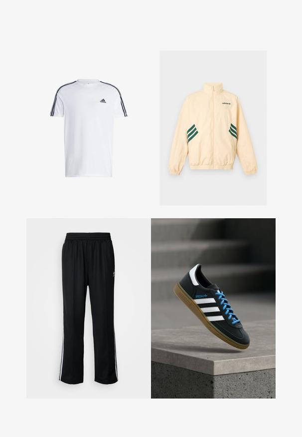 Chaqueta de chándal Adidas beige claro con cuello alto, cremallera completa frontal, puños y dobladillo elásticos, y logo y rayas Adidas en verde oscuro en los laterales.; Camiseta blanca de manga corta hecha de algodón con el logo negro de adidas en el pecho y tres franjas negras a lo largo de los hombros.; Pantalones deportivos negros con cintura elástica, que presentan rayas laterales blancas y un pequeño logotipo. El material parece suave y ligero.; Zapatilla negra Adidas con franjas blancas, cordones azules y suela de goma flotando sobre un escalón de hormigón gris con luz suave.
