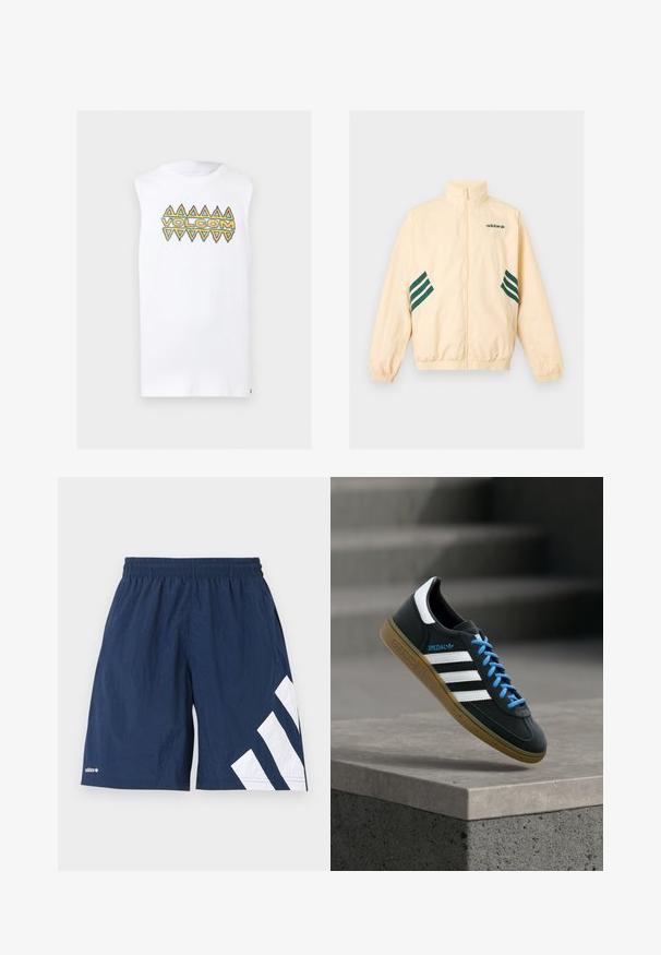 Veste de survêtement Adidas beige clair avec col montant, fermeture éclair intégrale à l'avant, poignets et ourlet élastiques, et logo Adidas ainsi que des bandes vert foncé sur les côtés.; T-shirt blanc sans manches avec des motifs triangulaires orange et turquoise et le texte "VOLCOM" sur la poitrine.; Shorts de sport bleu marine avec taille élastique et larges bandes blanches diagonales sur la jambe droite, petit logo sur l'ourlet de la jambe gauche.; Baskets Adidas noires avec des rayures blanches, des lacets bleus et une semelle en gomme flottant au-dessus d'une marche en béton grise sous une lumière douce.