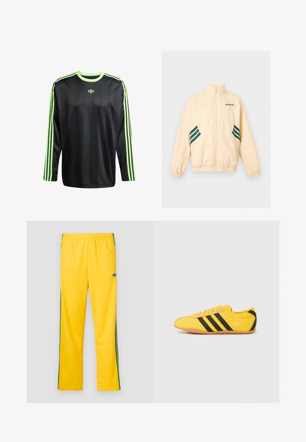 Lichtbeige Adidas trainingsjack met hoge kraag, volledige rits aan de voorkant, elastische boorden en zoom, en donkergroene Adidas-logo en strepen aan de zijkanten.; adidas Originals JACQ - Longsleeve - black signal green; Gele sportbroek met een elastische tailleband, met groene zijstrepen en een klein blauw logo op de linker dij. Soepele stoftextuur.; Geel sportschoen met een gestructureerd bovenwerk, voorzien van zwarte strepen en logo. Ronde neus, zachte zool en zigzagpatroon op het materiaal.