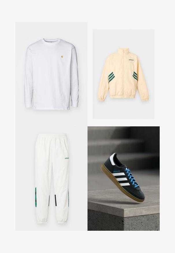 Chaqueta de chándal Adidas beige claro con cuello alto, cremallera completa frontal, puños y dobladillo elásticos, y logo y rayas Adidas en verde oscuro en los laterales.; Camiseta de manga larga blanca de algodón. Cuenta con un pequeño logo dorado en el pecho y un cuello redondo. Diseño simple y corte estándar.; Pantalones deportivos blancos hechos de material ligero, con detalles verdes y negros en los laterales, con cinturilla y puños elásticos.; Zapatilla negra Adidas con franjas blancas, cordones azules y suela de goma flotando sobre un escalón de hormigón gris con luz suave.