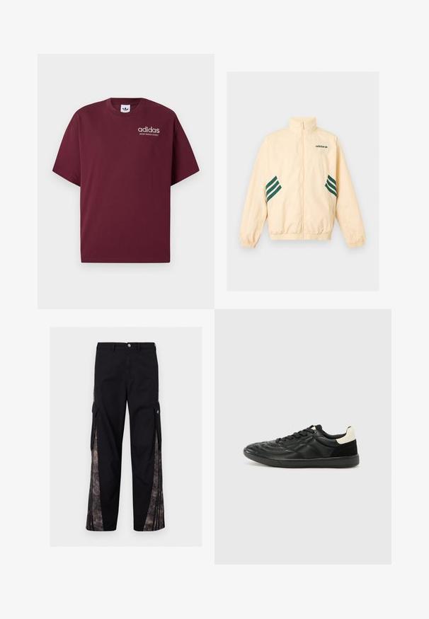 Svetlo béžová Adidas tréningová bunda s vysokým golierom, celopredným zipsom, elastickými manžetami a spodným lemom, s tmavozeleným logom Adidas a pruhmi na bokoch.; Bordový krátky rukáv tričko vyrobené z bavlny. Obsahuje okrúhly výstrih a malé biele logo "adidas" s nápisom "SPORT DESIGN STUDIO" pod ním.; Čierne cargo nohavice s bočnými vreckami a vzorovanými látkovými panelmi pozdĺž vonkajších nôh, s gombíkovým zapínaním a opaskovými pútkami.; ALDO THEPITCH - Tenisky - black