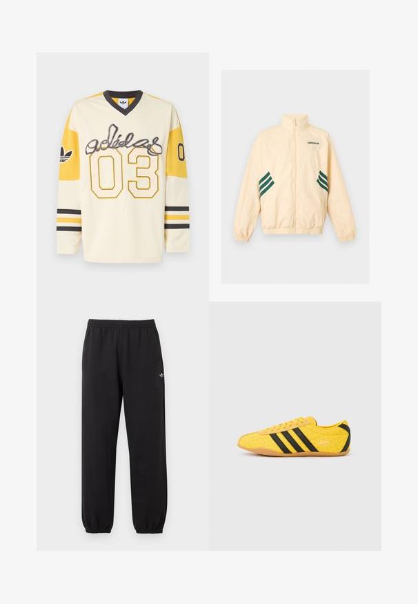 Φωτεινό μπεζ αθλητικό μπουφάν Adidas με ψηλό γιακά, φερμουάρ εμπρός, ελαστικές μανσέτες και τελείωμα, και σκούρο πράσινο λογότυπο Adidas και ρίγες στα πλάγια.; Κρεμ και κίτρινη αθλητική φανέλα Adidas με μακριά μανίκια, με το λογότυπο "adidas", αριθμό 03 μπροστά και στα μανίκια, μαύρο λαιμόκοψη σχήματος V και ριγωτές μανσέτες.; Μαύρο παντελόνι φόρμας Adidas με ελαστική μέση και μανσέτες, με μικρό λευκό λογότυπο trefoil της Adidas στο πάνω αριστερό πόδι.; Κίτρινο αθλητικό παπούτσι με υφή στο επάνω μέρος, με μαύρες ρίγες και λογότυπο. Στρογγυλεμένη μύτη, μαλακή σόλα και ζιγκ-ζαγκ σχέδιο στο υλικό.