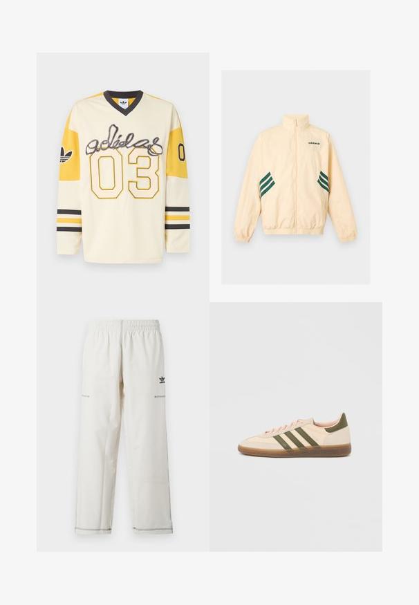 Φωτεινό μπεζ αθλητικό μπουφάν Adidas με ψηλό γιακά, φερμουάρ εμπρός, ελαστικές μανσέτες και τελείωμα, και σκούρο πράσινο λογότυπο Adidas και ρίγες στα πλάγια.; Κρεμ και κίτρινη αθλητική φανέλα Adidas με μακριά μανίκια, με το λογότυπο "adidas", αριθμό 03 μπροστά και στα μανίκια, μαύρο λαιμόκοψη σχήματος V και ριγωτές μανσέτες.; Άσπρο αθλητικό παντελόνι με ελαστική μέση, πλαϊνές τσέπες και μαύρο λογότυπο adidas με διακοσμητικές ραφές. Λείο, ελαφρύ ύφασμα.; Χαμηλού προφίλ μπεζ αθλητικό παπούτσι Adidas Spezial με πράσινες ρίγες, σόλα από καουτσούκ και την επωνυμία "SPEZIAL" στην πλευρά, εμφανίζεται από την εξωτερική πλευρά.