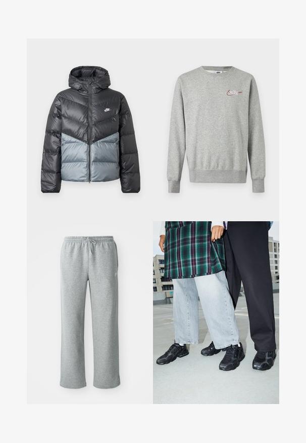 Gepolsterte Jacke mit Kapuze, ausgestattet mit einem Farbblockdesign in Dunkelgrau und Hellgrau, Reißverschluss und Logo auf der Brust.; Hellgraues Sweatshirt mit Rundhalsausschnitt, langen Ärmeln und kleinem roten und weißen Nike-Logo auf der linken Brust.; Graue Sweatpants aus Baumwolle mit elastischem Bund, Kordelzugverschluss und geraden Beinen. Verfügt über ein kleines Logo auf der oberen linken Seite.; Schwarze Sportschuhe mit Mesh- und Gummielementen. Kombiniert mit hellgrauen weiten Jeans und einem karierten grünen Oberteil. Flacher Hintergrund.