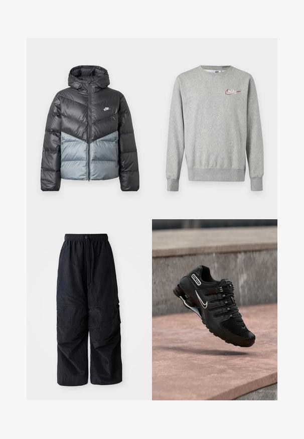 Zateplená bunda s kapucňou, ktorá má farebnú blokovú líniu v tmavosivej a svetlosivej farbe, zapínanie na zips a logo na hrudi.; Svetlosivá mikina s okrúhlym výstrihom, dlhými rukávmi a malým červeno-bielym logom Nike na ľavej strane hrudníka.; Čierne ľahké nylonové cargo nohavice s elastickým pásom, nastaviteľnou šnúrkou a viacerými vrstvovými vreckami na nohách.; Čierny bežecký topánok Nike Shox s bielym logom Swoosh, vo vzduchu nad ružovým betónovým povrchom na pozadí sivej kamennej steny.