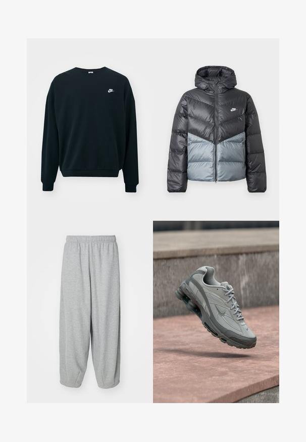 Gepolsterte Jacke mit Kapuze, ausgestattet mit einem Farbblockdesign in Dunkelgrau und Hellgrau, Reißverschluss und Logo auf der Brust.; Schwarzer Nike-Pullover mit langen Ärmeln, rundem Halsausschnitt und gerippten Bündchen. Mit einem weißen Nike-Logo auf der linken Brustseite.; Helle graue, lässig sitzende Sweatpants aus weichem Stoff. Elastischer Bund und Bündchen an den Knöcheln. Einfaches und ungeschmücktes Design.; Grau-weißer Nike-Sneaker, der über einer Steinstufe schwebt, mit sichtbarer Luftdämpfung und strukturiertem Sohlenprofil.