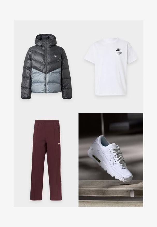 Veste matelassée avec capuche, présentant un design en blocs de couleurs en gris foncé et gris clair, fermeture éclair et logo sur la poitrine.; T-shirt blanc à manches courtes Nike avec logo noir "Nike" et texte "Authorized Personnel Only" sur le côté gauche de la poitrine.; Pantalons de survêtement bordeaux avec une texture lisse, poches latérales zippées et une bande blanche avec du texte le long des coutures extérieures. Logo Nike en doré.; Baskets blanches en cuir avec des surfaces texturées, un col rembourré et un amorti d'air visible dans la semelle. Elles possèdent des lacets et un design minimaliste.