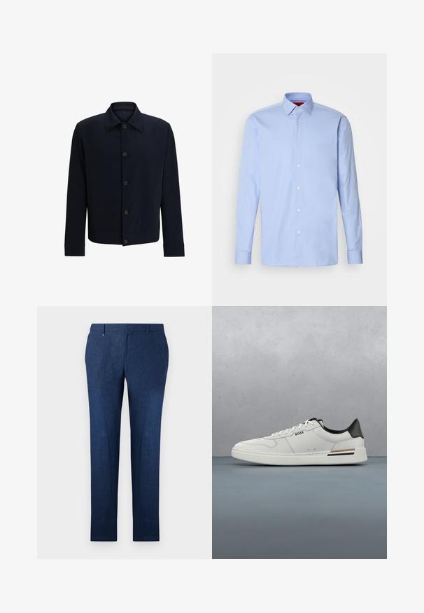 Marineblauwe jas, lichte stof, opstaande kraag, vijf knopen aan de voorkant, twee zijzakken, minimalistisch ontwerp, gladde textuur.; Lichtblauw overhemd met lange mouwen, gemaakt van katoen, met een klassieke kraag en een knoopsluiting aan de voorkant met witte knopen. Soepele textuur.; Marineblauwe broek van textuurstof, met rechte pijpen en een klassiek vlak frontontwerp. Geen zichtbare patronen of accenten.; Witte lage sneaker met zwarte hiel, vetersluiting, subtiele perforaties en het "BOSS" logo aan de zijkant, getoond vanuit het zijprofiel.
