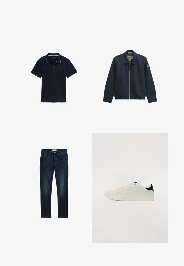Mørk marineblå lynlåstrøje med krave, to forlommer, elastisk kant og et rundt mærke på venstre ærme.; Mørkeblå polo shirt lavet af bomuld, med en klassisk krave, tre-knap lukning og kontrasterende lys grå trim på kraven og ærmerne.; Mørkeblå denim jeans med slim fit, der har fem lommer, knaplukning og diskret falmning foran for tekstur.; Hvide lædersneakers med rund tå, flad sål og marineblå detaljer ved hælen. Har snørebåndsdesign og diskrete syninger.