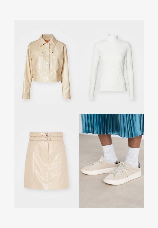 Afskåret beige kunstlæderjakke med spids krave, sølvfarvede trykknapper, to brystlommer og glat tekstur.; Hvid ribbet turtleneck blouse med lange ærmer, lavet af elastisk stof. Har et tætsiddende design og høj hals for god dækning.; Beige faux læder nederdel med en tætsiddende design, der har to spænde bælter i taljen og en glat, blank tekstur.; Beige ruskindsneakers med en hvid gummisål og snørebåndsdesign. Accentueret med en struktureret sort hælflap. Båret med hvide ribbede sokker.