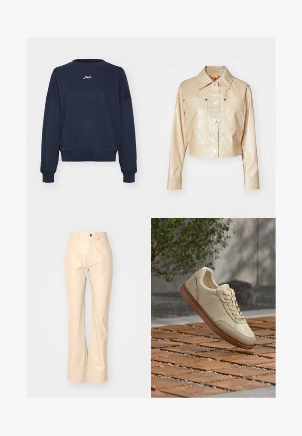 Afskåret beige kunstlæderjakke med spids krave, sølvfarvede trykknapper, to brystlommer og glat tekstur.; Marineblå sweatshirt lavet af blødt bomuld, med rund hals, sænkede skuldre og broderet logo på brystet. Casual pasform, ribbede manchetter.; Beige faux læder fløjsbukser med en glat overflade, der har frontlommer, knaplukning og en subtil shiny finish.; Beige lædersneaker med brun sål, der svæver over en flisebelagt udendørs overflade med spredte små sten og grønne blade i baggrunden.