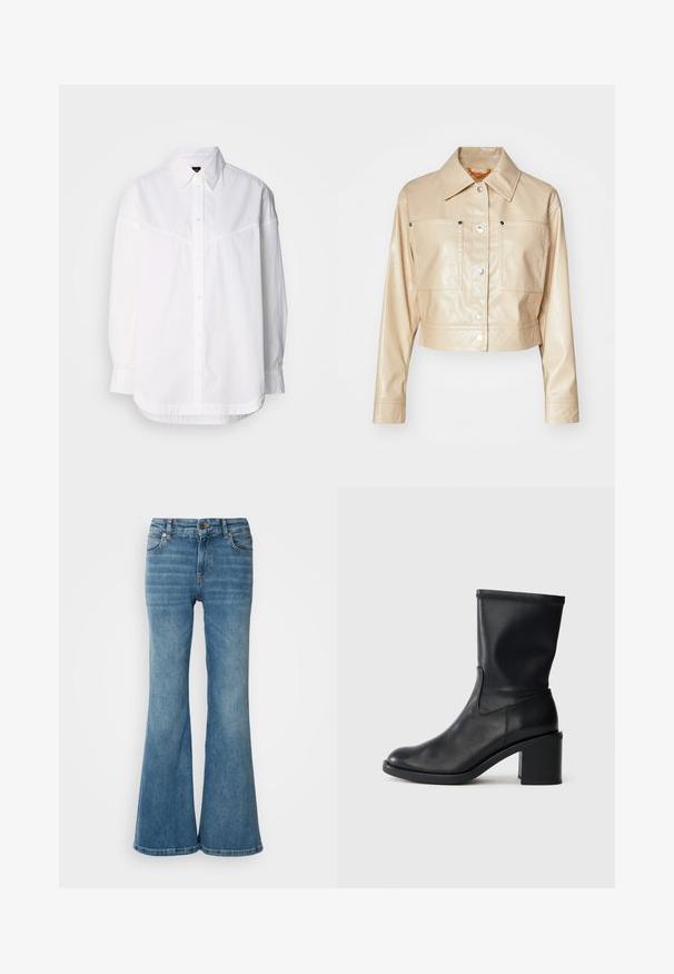 Veste en faux cuir beige raccourcie avec un col pointu, boutons-pression en argent, deux poches poitrine et texture lisse.; Chemise blanche à manches longues en coton, dotée d'un col boutonné, de boutons sur le devant et d'une coupe décontractée avec des détails de couture subtils.; Jean évasé bleu clair en denim, doté de cinq poches, de coutures visibles, et d'une fermeture à bouton et à zip à la taille.; Botte en cuir noir à cheville avec un bout rond, texture lisse et un talon épais, présentant un tige ajustée et un subtil détail de couture.