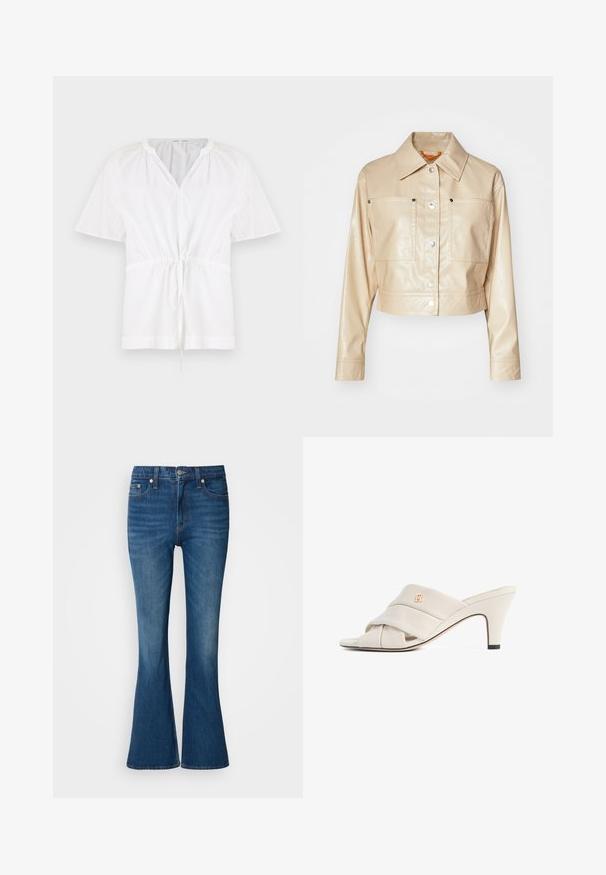 Chaqueta de cuero sintético beige recortada con cuello de punta, botones a presión plateados, dos bolsillos en el pecho y textura suave.; Suéter blanco con escote en V y mangas cortas. Presenta una tela de algodón ligero, cintura con cordón y detalles texturizados en los hombros.; Jeans acampanados azul con un lavado desgastado, que cuentan con un cierre de botón y cremallera, bolsillos frontales y una abertura de pierna ligeramente más ancha en la parte inferior.; Mules de tacón alto beige con diseño de tira de cuero torcida, punta abierta y detalle de logotipo en relieve. El tacón tiene un detalle en punta negra.