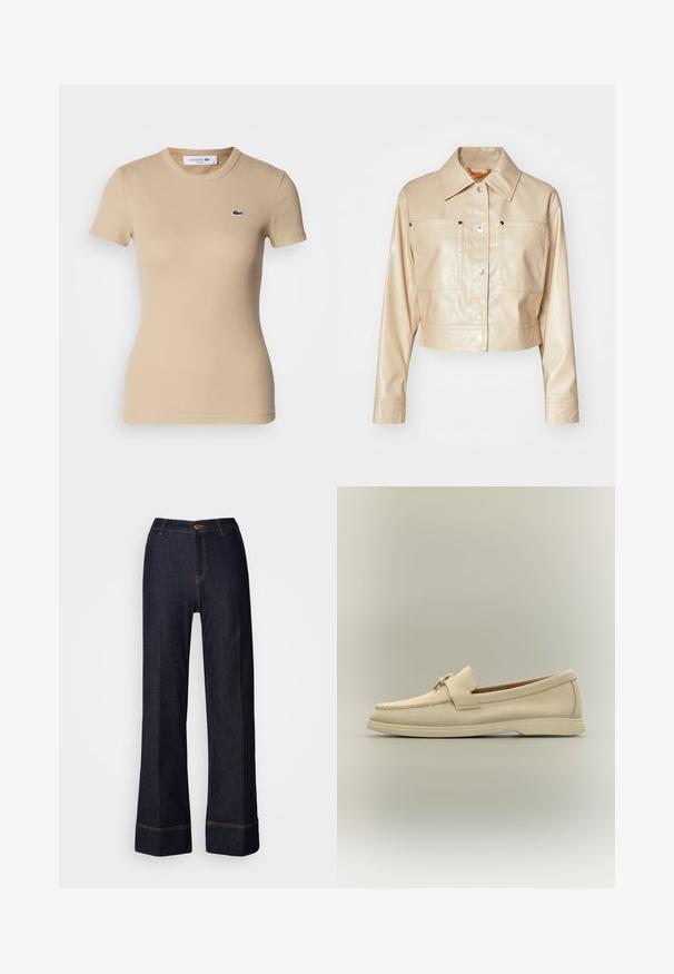 Afskåret beige kunstlæderjakke med spids krave, sølvfarvede trykknapper, to brystlommer og glat tekstur.; Beige ribbet bomulds t-shirt med korteærmer, rund halsudskæring, tætsiddende pasform og et lille grønt Lacoste logo på venstre bryst.; Mørke denim brede bukser med høj talje, der har en frontknaplukning og orange syninger. Glat tekstur hele vejen igennem.; Beige ruskindslipper med lavt gummisål, søm i moc tå-stil og en dekorativ rem over toppen.