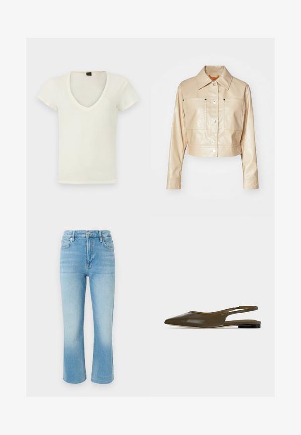 Chaqueta de cuero sintético beige recortada con cuello de punta, botones a presión plateados, dos bolsillos en el pecho y textura suave.; Camiseta blanca de manga corta con cuello en V y etiqueta "BOSS" en negro y naranja en el interior del cuello, exhibida sobre un fondo claro y liso.; Vaqueros de mezclilla azul claro con cintura alta, botón y cremallera delanteros, cinco bolsillos y corte de pierna ligeramente acampanado.; Zapato plano de tacón bajo y tira trasera en punta de color verde oliva con acabado liso y brillante.