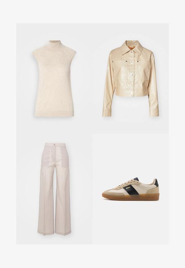 Veste en faux cuir beige raccourcie avec un col pointu, boutons-pression en argent, deux poches poitrine et texture lisse.; Haut sans manches beige à col montant, fabriqué en tissu doux et texturé. Dispose d'épaules raglan et d'une silhouette ajustée. Convient pour des tenues superposées.; Pantalons larges beiges en tissu tissé léger, avec une taille haute, fermeture à bouton unique à l'avant et une texture subtile.; BOSS BRENTA - Baskets basses - medium beige