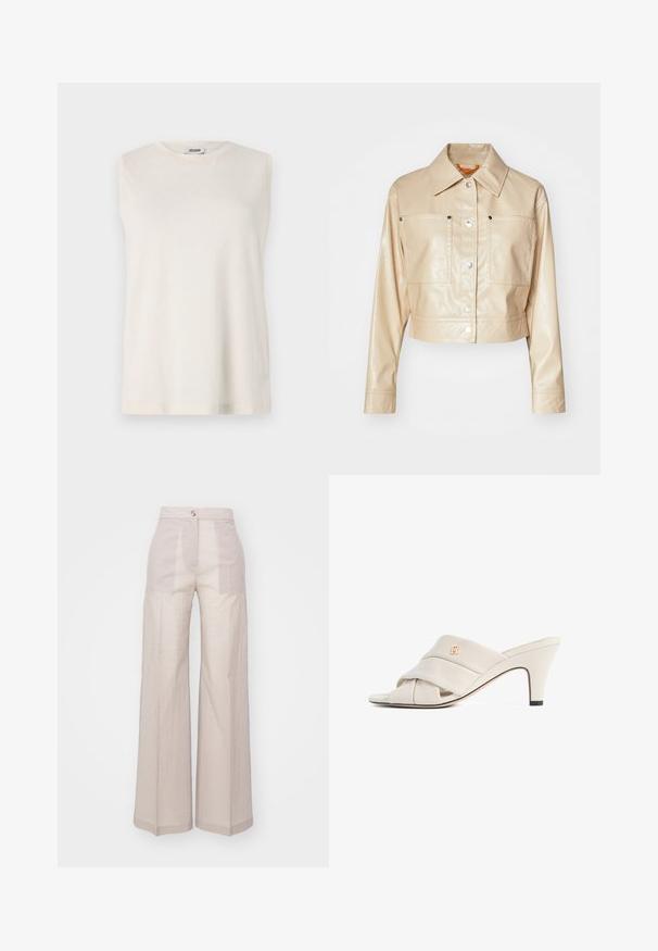 Chaqueta de cuero sintético beige recortada con cuello de punta, botones a presión plateados, dos bolsillos en el pecho y textura suave.; Top sin mangas de tejido beige claro, con cuello redondo y un corte relajado. Textura suave sin adornos ni patrones.; Pantalones de pierna ancha beige, hechos de una tela ligera tejida, con una cintura alta, cierre con un solo botón en la parte frontal y una textura sutil.; Mules de tacón alto beige con diseño de tira de cuero torcida, punta abierta y detalle de logotipo en relieve. El tacón tiene un detalle en punta negra.