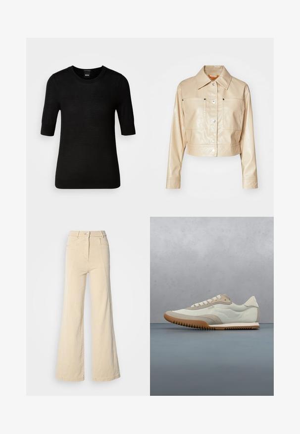 Veste en faux cuir beige raccourcie avec un col pointu, boutons-pression en argent, deux poches poitrine et texture lisse.; Pull noir à manches courtes en laine mérino fine. Encolure ronde, coupe ajustée, texture lisse, design minimal, sans motifs ni accents visibles.; Jeans beige à jambes larges avec taille haute, poches avant, et couture contrastée, dotés d'une fermeture à bouton et d'une texture en coton lisse.; Sneakers blancs et beiges avec une tige lisse et des accents en daim, une semelle texturée et des coutures ton sur ton. Fermeture à lacets avec détail de logo.