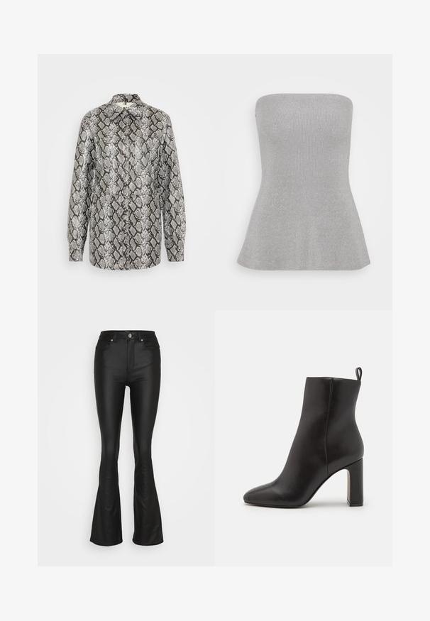 ONLY Tall ONLCARYS SNAKE - Manteau court - black/grey; Selected SLFLILI BANDEAU - Débardeur - sleet; ONLY ONLPAOLA FLARED - Pantalon classique - black; Botte chelsea en cuir noir avec un bout pointu, un talon haut cylindrique et une languette à l'arrière pour un enfilage facile. Texture lisse.