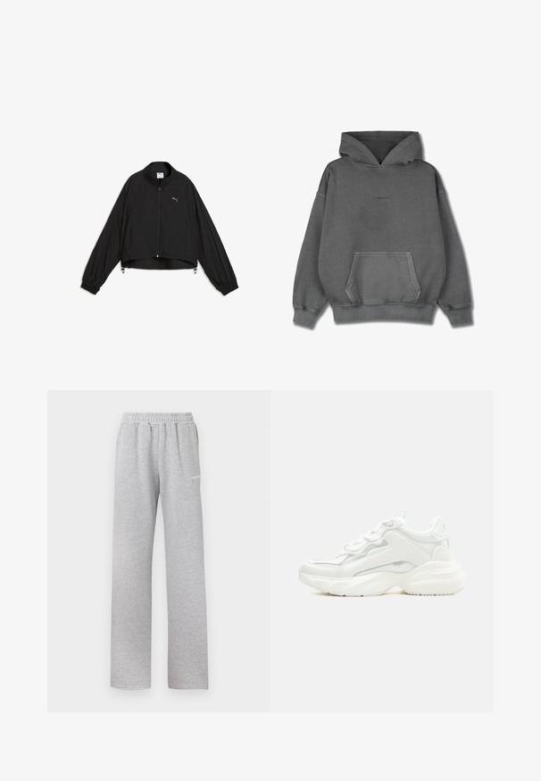 Sort letvægts Puma-jakke med fuld lynlås foran, høj krave, elastiske manchetter og logo på brystet, vist på en hvid baggrund.; Pegador CLARITA LOGO OVERSIZED HOODIE - Hættetrøje - vintage grey grey gum; Lys grå sweatpants med elastisk talje, lige ben design og et lille hvidt logo på venstre lår. Blødt, tekstureret stof.; Hvid chunky sneaker med tyk sål, snørelukning foran og glat syntetisk overdel med subtile syningsdetaljer.