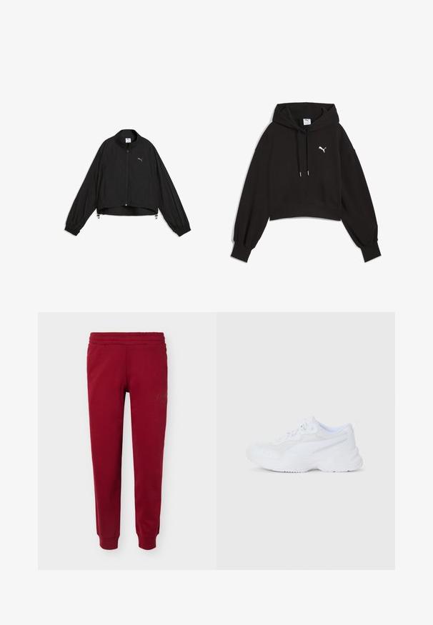 Veste légère noire Puma avec fermeture éclair intégrale à l'avant, col montant, poignets élastiques et logo sur la poitrine, présentée sur un fond blanc.; Hoodie noir court en tissu de sweat. Il dispose d'une capuche avec cordon de serrage, de manches larges et d'un logo Puma blanc sur la poitrine.; Pantalon de jogging rouge avec taille élastique et chevilles resserrées, présentant une broderie discrète du logo sur la partie supérieure de la cuisse.; Basket de sport blanche avec tige en mesh et cuir, semelle épaisse, fermeture à lacets et languette au talon, présentée en profil latéral sur fond blanc.