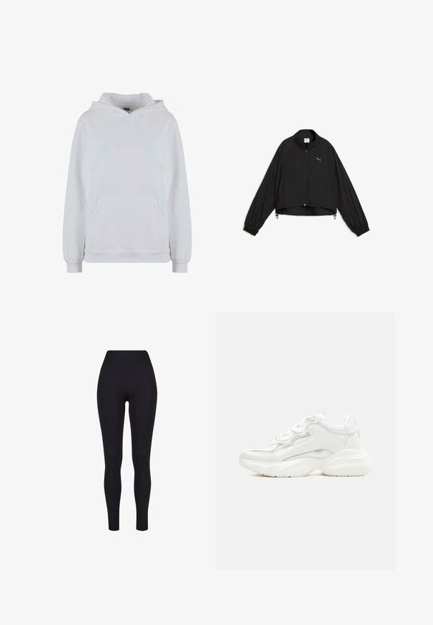 Must klassikalise Puma kerge jope, millel on täispikk eesmine tõmblukk, kõrge krae, elastsed varrukaservad ja rinnal asuv logo, esitatud valgel taustal.; Valge kapuutsiga sviit, mis on valmistatud puuvilla segust. Omab pikki varrukaid, ees kangaroo-taskut ning ribatud mansette ja allääri.; Mustad kõrge vöökohtadega legginsid, valmistatud venivast kangast, millel on sile tekstuur ja keha lähedane disain, ilma nähtavate õmbluste või mustriteta.; Valged paksud tossud paksu tallaga, esiosal paeltega ja siledast sünteetilisest materjalist pealiskihiga, peenete õmblustega.