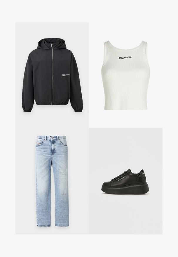 Musta hupullinen vetoketjullinen takki, jossa on joustavat hihansuut ja helma, etutaskut sekä pieni valkoinen "Karl Lagerfeld Jeans" -logo rinnassa.; Valkoinen ribattu toppi avonaisella kaula-aukolla, jossa on musta "KARL LAGERFELD JEANS" -logo edessä.; Vaaleansinisiä farkkuhousuja, joissa on suora leikkaus, kevyt kulutusviimeistely ja perinteinen viisi-taskurakenne. Klassinen vyötärönauha, jossa on nappi.; Mustat nahkakengät, joissa on sileä pinta, pyöreä kärki, nauhakiinnitys ja paksu alustapala, jossa on merkin logoelementtejä.