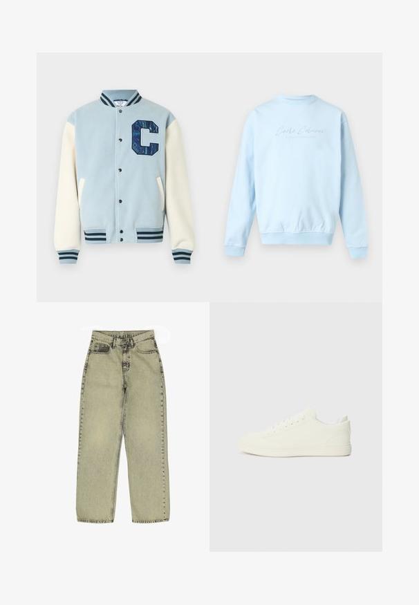 Chaqueta universitaria en azul claro y crema con cuello, puños y bolsillos delanteros a rayas, botones a presión y una letra C oscura con patrón en el pecho.; Sudadera azul claro con cuello redondo, mangas largas y texto "Carlo Colucci" sutilmente bordado en el pecho.; Jeans de pierna recta de talle alto en verde claro, fabricados en denim, con un diseño clásico de cinco bolsillos y costuras en contraste a lo largo de las costuras.; Zapatillas blancas con parte superior de textura suave, punta redonda y cordones tradicionales, con un diseño minimalista y suela de goma.