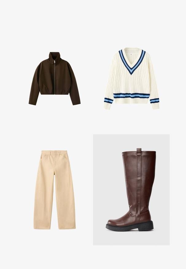 Veste marron à col montant zippée, manches longues et coupe légèrement courte, présentée sur fond blanc.; Pull en maille crème avec un col en V profond, des rayures bleu marine et bleu clair sur le col, les poignets et le bas, et un motif torsadé sur l'ensemble.; Pantalon beige à jambes larges avec passants pour ceinture, poches avant, et un design épuré et simple, posé à plat sur un fond blanc.; Bottes en cuir marron montantes jusqu'au genou avec un bout légèrement arrondi, une finition texturée et une épaisse semelle en caoutchouc noir. Présente un système de tirage en haut.