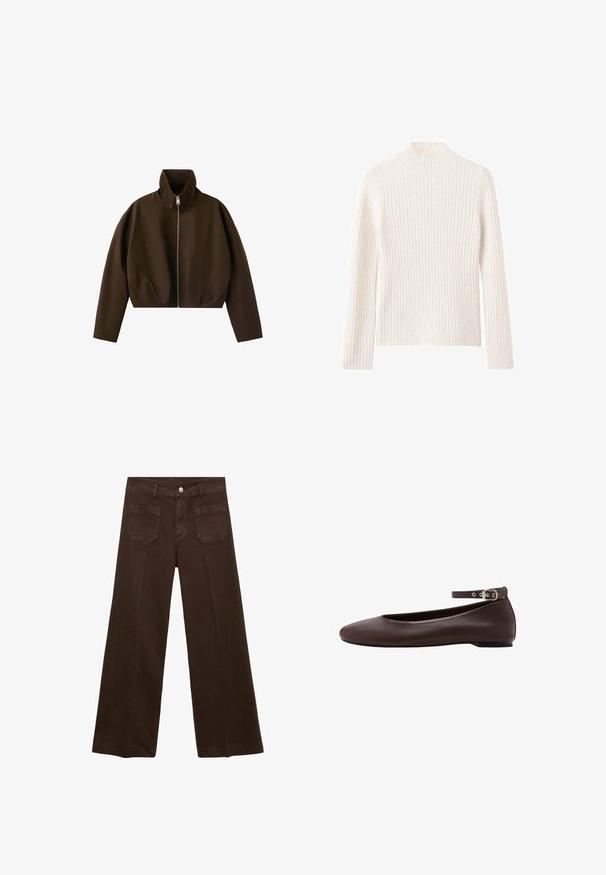 Bruine jas met hoge hals en ritssluiting, lange mouwen en een licht cropped pasvorm, weergegeven op een witte achtergrond.; Geribbelde coltrui in off-white, gemaakt van zachte gebreide stof. Heeft lange mouwen en een aansluitend silhouet.; Bruine wijde jeans van denim, met een hoge taille, twee achterzakken en een voor knoopsluiting. Gladde textuur, rechte pasvorm.; Donkerbruine platte schoen met afgeronde neus en verstelbare enkelband met zilveren gesp op witte achtergrond.