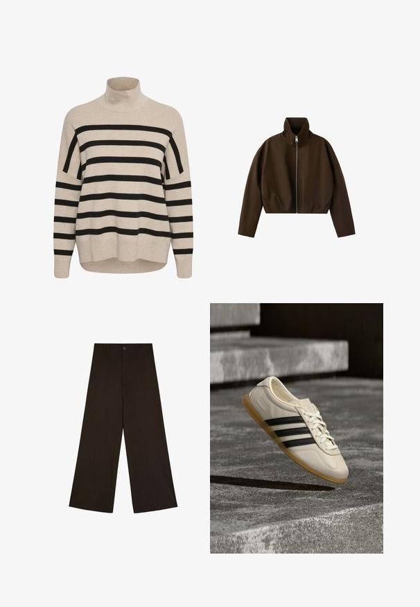 Braune Jacke mit Stehkragen und Reißverschluss, langen Ärmeln und leicht verkürztem Schnitt, auf weißem Hintergrund gezeigt.; Beige Rollkragenpullover mit schwarzen horizontalen Streifen. Verfügt über Fall Schulter, gerippte Bündchen und eine lässige Passform. Weiche Stricktextur.; Dunkelbraune Hose mit weitem Bein, unauffälligen vertikalen Nadelstreifen, Knopfverschluss und Gürtelschlaufen, flach auf weißem Hintergrund liegend.; Weißer Sneaker mit schwarzen Streifen und Gummisohle schwebt über Betontreppen im sanften Tageslicht.
