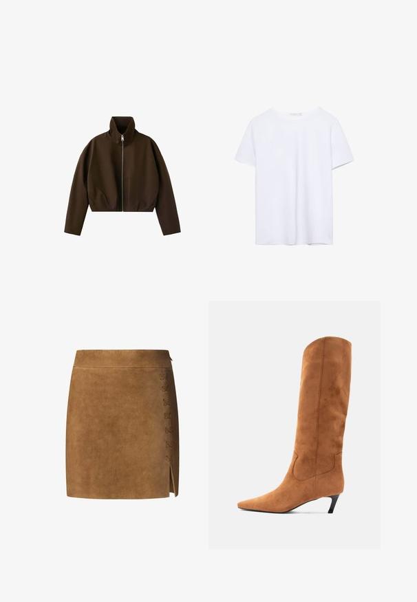 Veste marron à col montant zippée, manches longues et coupe légèrement courte, présentée sur fond blanc.; T-shirt blanc uni à manches courtes et col rond avec ourlet droit, présenté sur un fond blanc.; Jupe mini en suède marron avec une coupe droite, dotée d'un détail lacé sur le côté gauche et d'une petite fente au bas.; Botte haute en daim marron jusqu'au genou avec un bout pointu et un petit talon conique. Présente une texture lisse et un détail de couture subtil sur le côté.